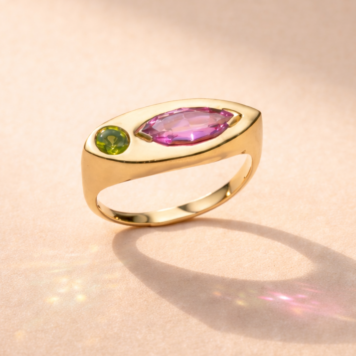 Ruinette Handmade 18k yellow gold ring with marquise pink no heat sapphire and green peridot