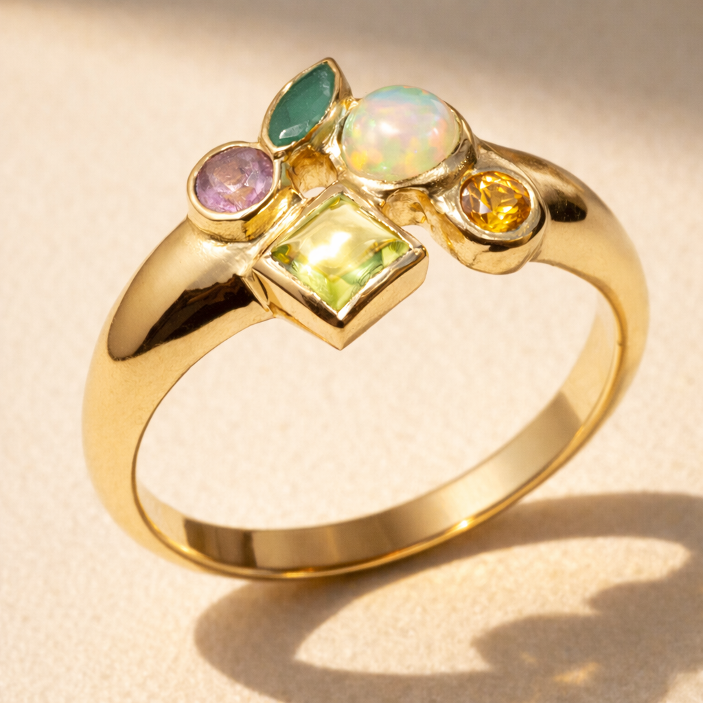 18k yellow gold ring featuring opal, emerald, sapphire, and peridot from the Constellation collection, shown in a side view.
