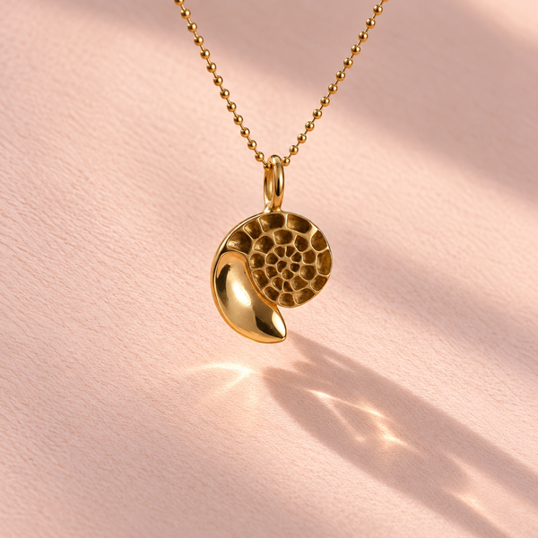 Ammonite Charm front view featuring a nautilus shell in 18k yellow gold, a uniquely handcrafted piece by Ruinette Bijoux.