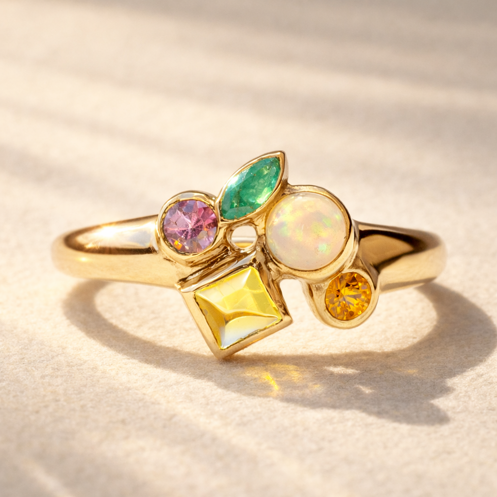 Opal's iridescent play of color shines alongside emerald, sapphire, and peridot in the front view of Ruinette's Constellation Ring No. 02 in 18k yellow gold.