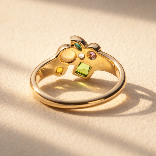 Ruinette Constellation Ring No. 02 in 18k yellow gold featuring opal, emerald, sapphire, and peridot, back view.