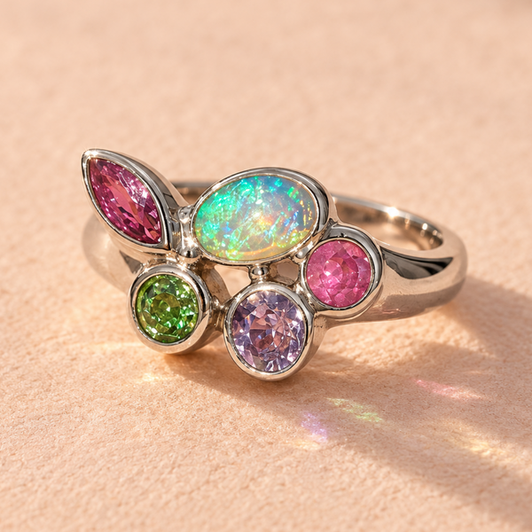 The Constellation Ring No 03 showcases an array of stones viewed from an angle: pink and lavender sapphires, green tsavorite garnet, and Australian opal set in lost-wax cast 18k white gold. A handcrafted artisan piece from Ruinette Bijoux.