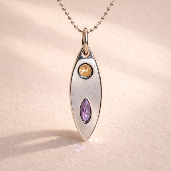 Ruinette Kitty Cat Charm No. 1  in 18k white gold featuring round peach imperial topaz and marquise-cut lavender spinel navette pendant on ball chain, back view