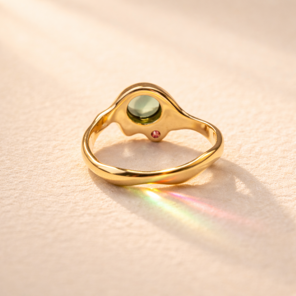 Le Drip Ring no. 05 back view showcasing a stunning green oval tourmaline set in 18k yellow gold with a pink sapphire. A true Ruinette artisan masterpiece.