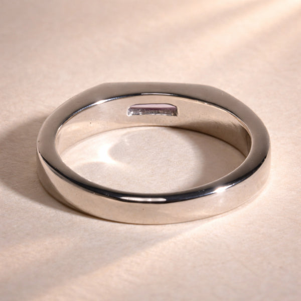 Ruinette Sapphire Stacking Signet Ring back view displaying smooth 18k white gold interior with pink sapphire visible through setting