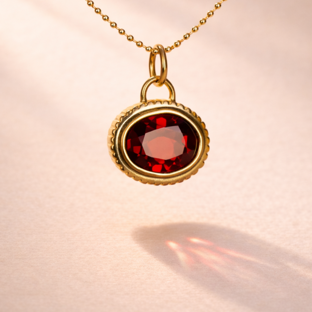 Red Garnet Brilliant Oval Cut Baby Rib Pendant in 18k yellow gold captures a timeless elegance with its front view, showcasing meticulously crafted artisan quality from Ruinette Bijoux.